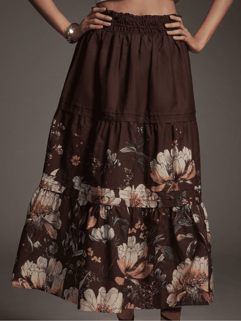 Anthropologie Somerset Brown Floral Tiered Maxi Skirt Cotton Boho Size XS New